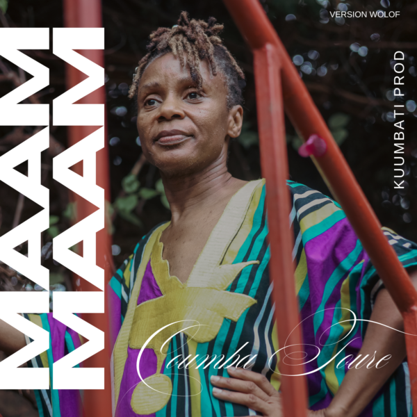 Portrait of a woman in a vibrant striped dress beside red rails, with bold white geometric shapes and 'Kuumba Pro' on a banner.